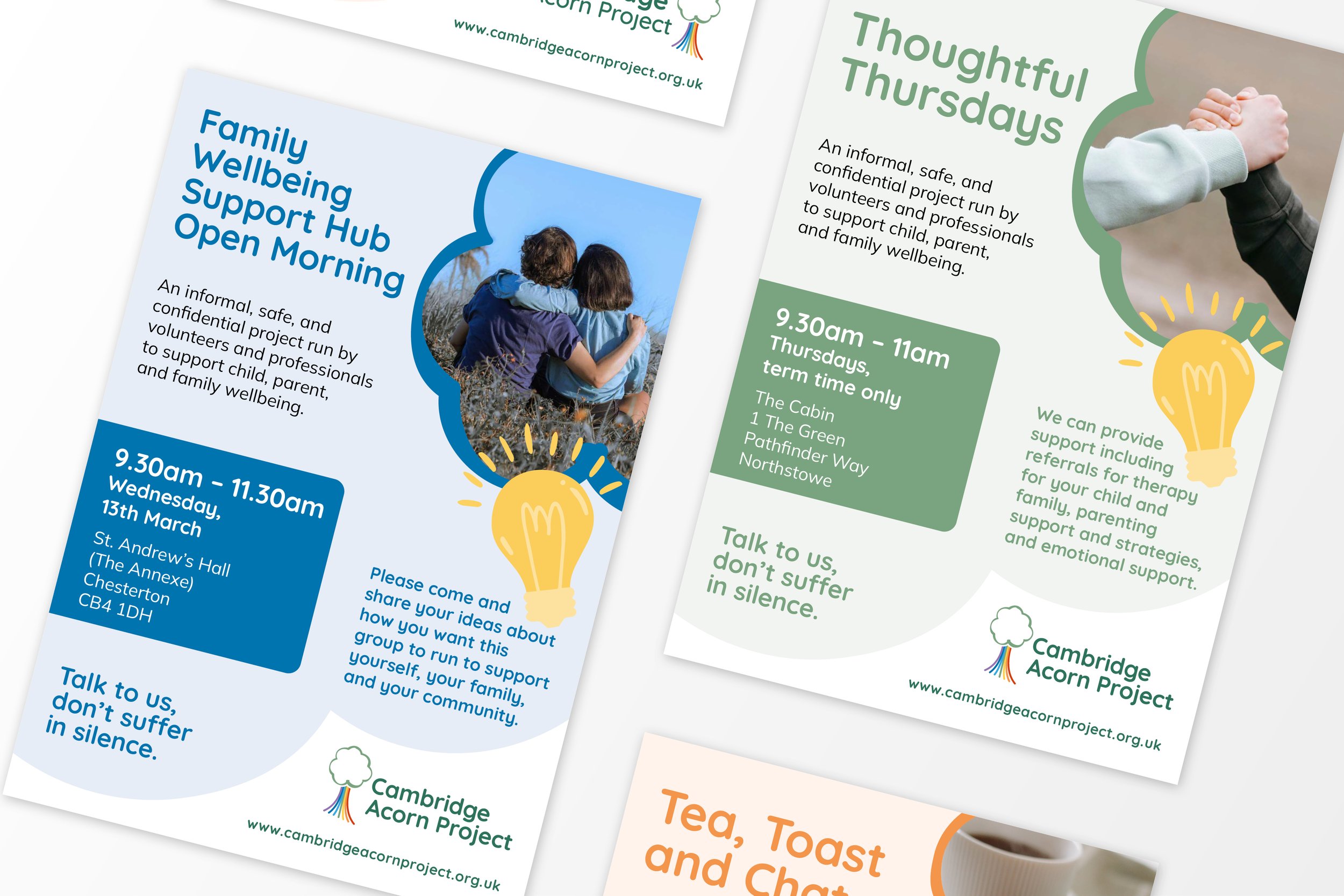 Flyers for Cambridge Acorn Project events featuring a blue and green color scheme, images of children hugging, yellow light bulb icons, and details about family wellbeing support group meetings.