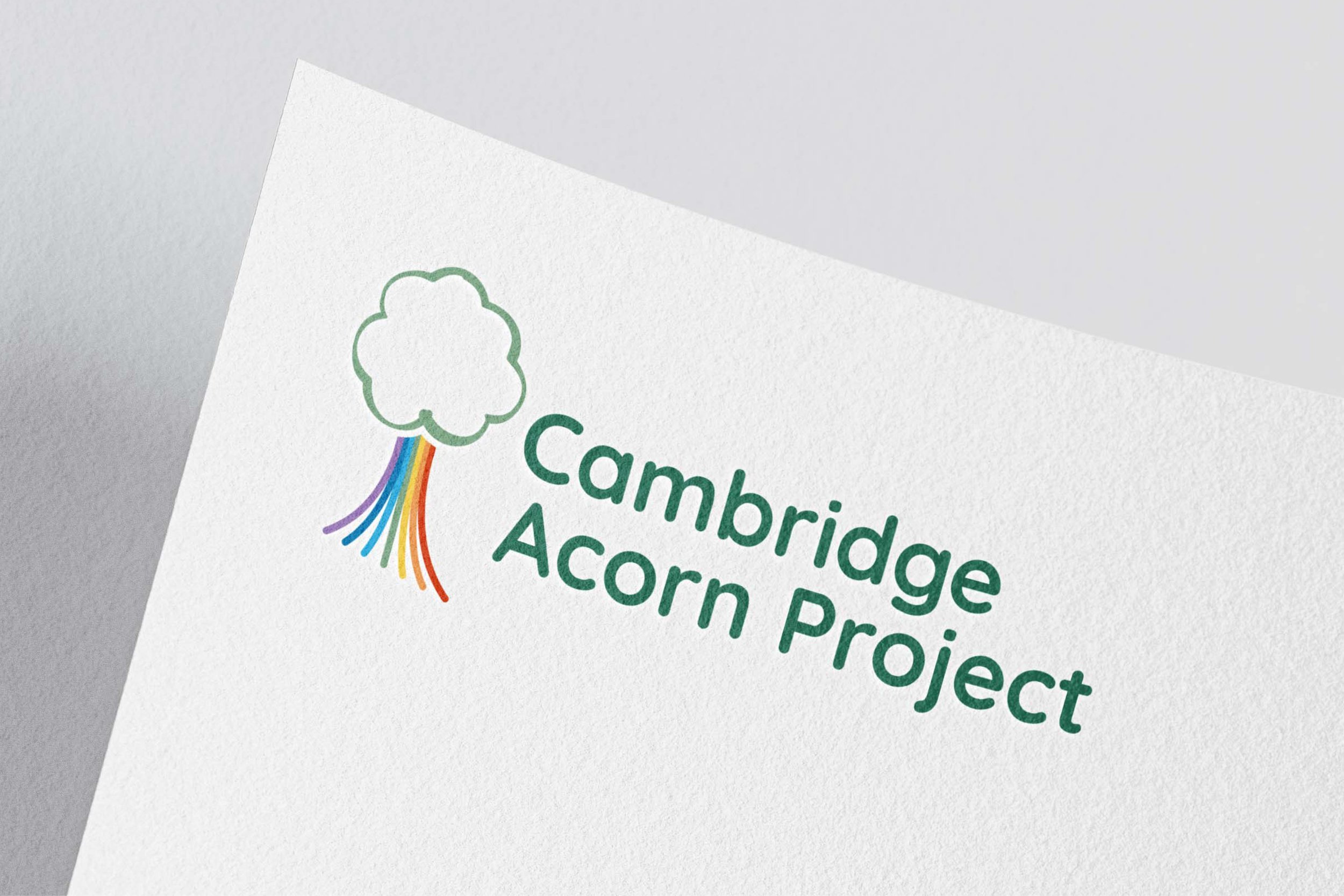 Logo for the Cambridge Acorn Project featuring a cloud with rainbow-colored rain.