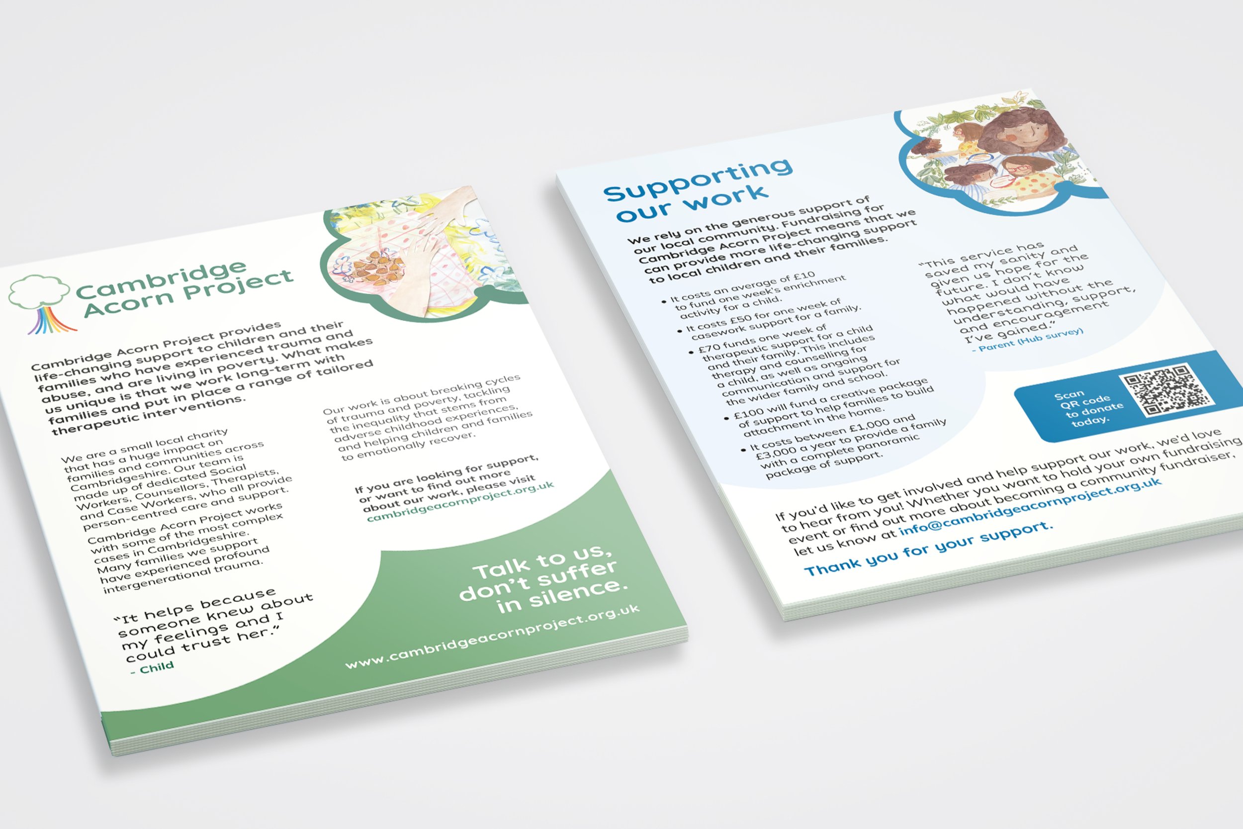 Two informational flyers for the Cambridge Acorn Project, featuring text about supporting children and families, contact information, and a QR code on a white background.