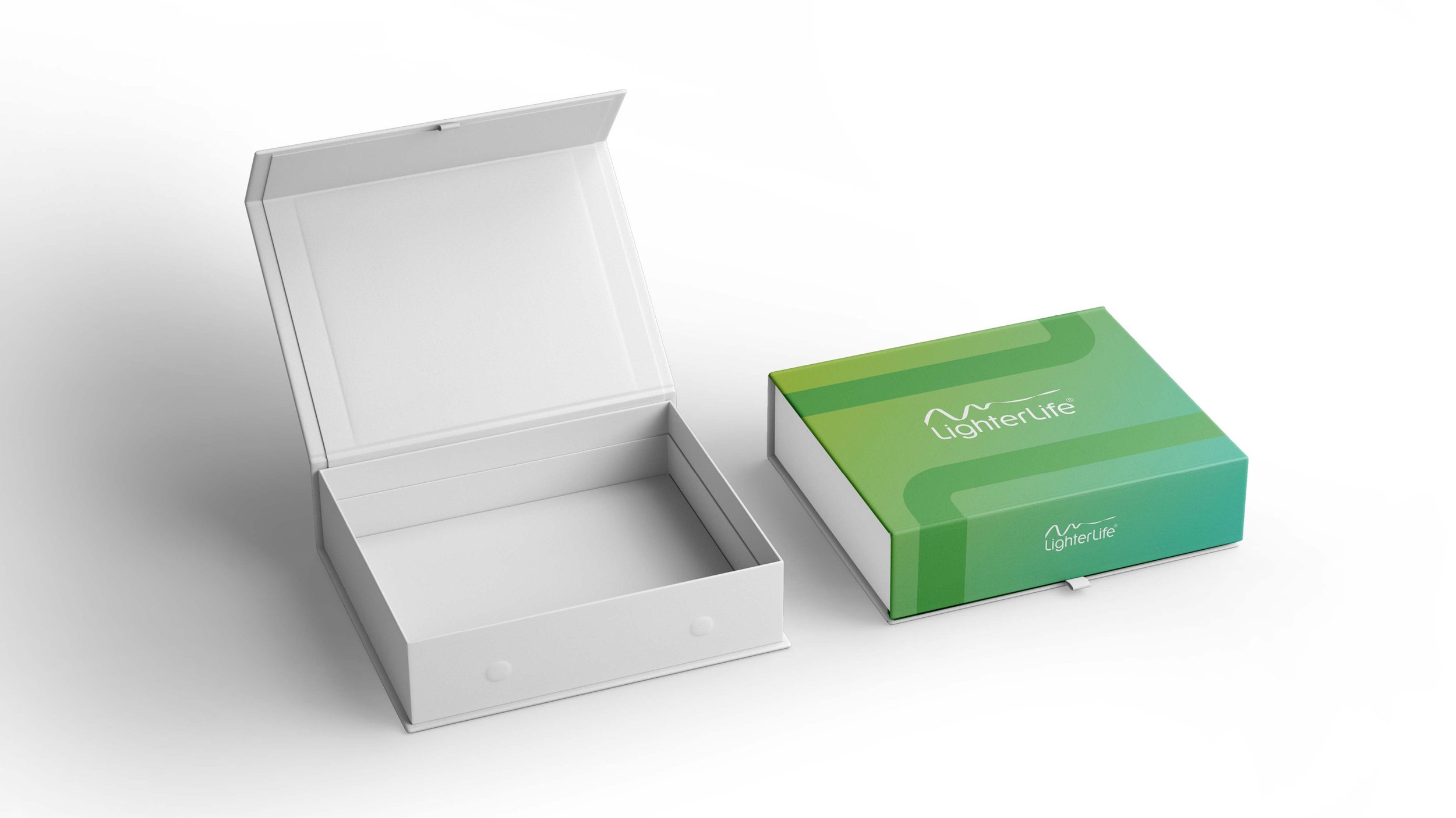 Open white box beside a green and blue box with 'LighterLife' logo on a white background.
