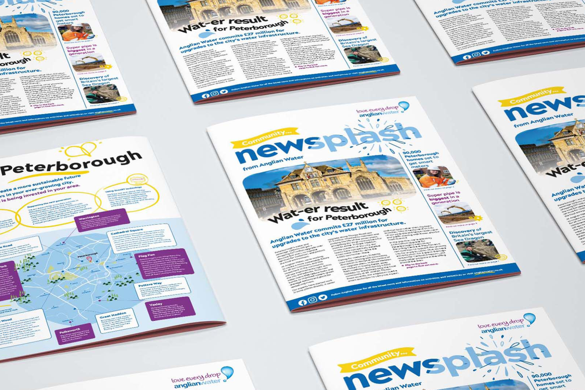 Collection of community newsletters from Anglian Water featuring articles on water infrastructure upgrades in Peterborough, with images of city landmarks, maps, and headlines about water projects.