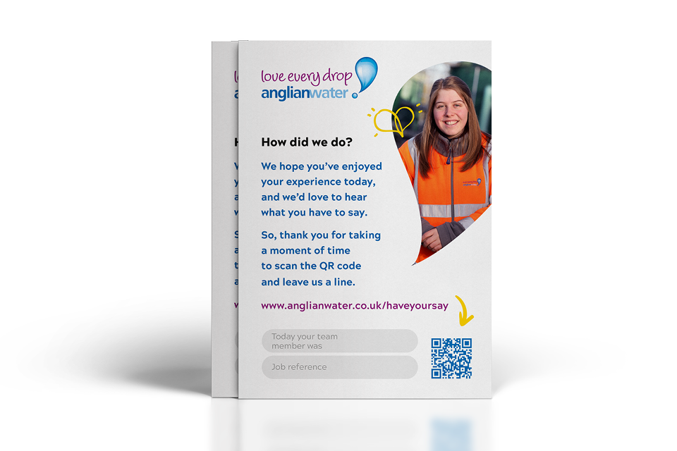 A printed customer feedback form from Anglian Water featuring a smiling woman in an orange high-visibility jacket, a QR code, and instructions for leaving feedback.