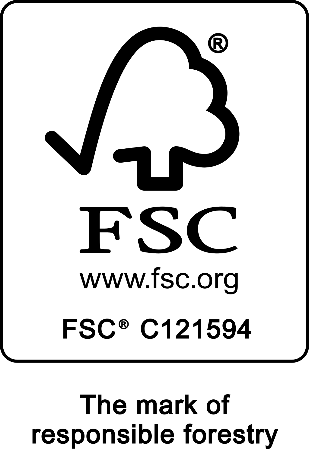 FSC certification logo featuring a tree and a check mark, with text 'FSC', website 'www.fsc.org', and certification code 'FSC® C121594'.