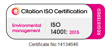 ISO certification label for environmental management, ISO 14001:2015, registered, certificate number 14134646.
