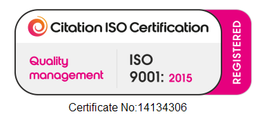 ISO certification badge indicating ISO 9001:2015 quality management, registered status, certificate number 14134306.
