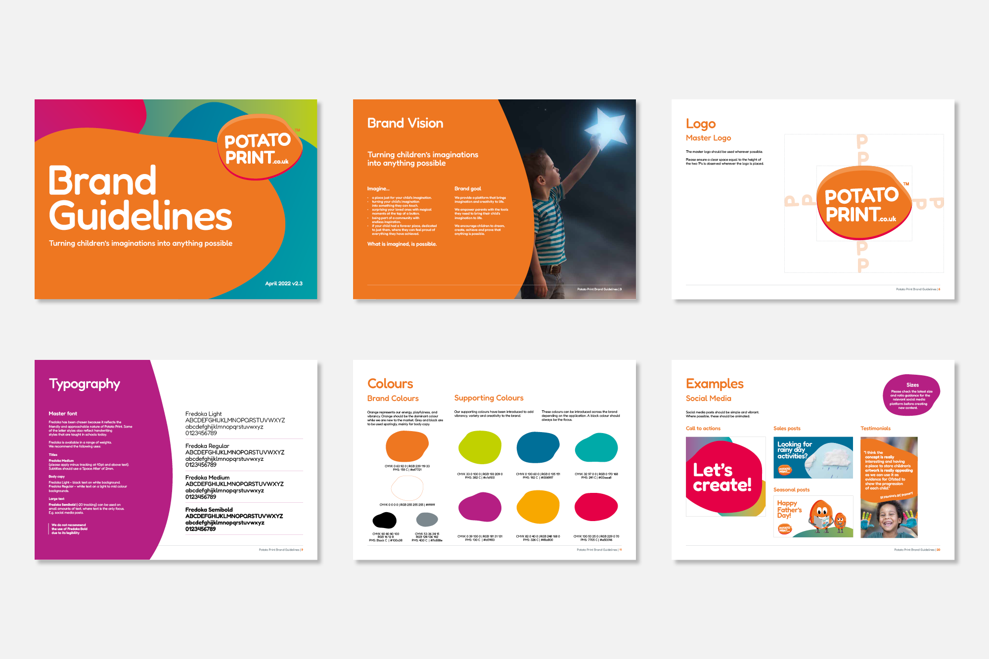 Six slides from a branding guideline presentation for Potato Print, including an overview of the brand, vision, logo, typography, colors, and example social media posts.