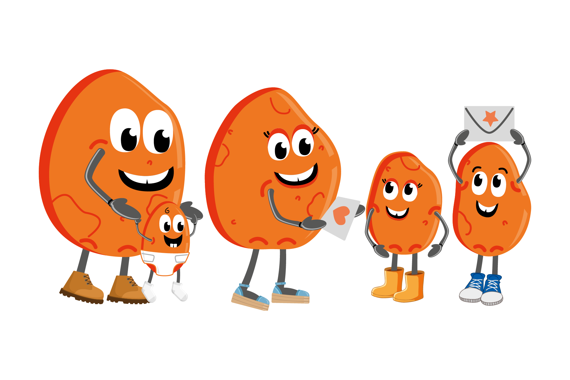 Cartoon illustration of five animated sweet potatoes with smiling faces, dressed in various footwear, holding signs, and engaging in activities.